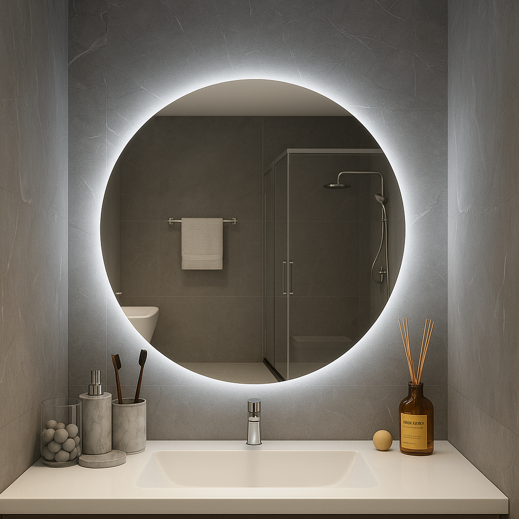 Miroir de salle de bain LED rond rétroéclairé Ondelle — Halo dimmable 3 CCT, câblé | 24″, 28″, 32″