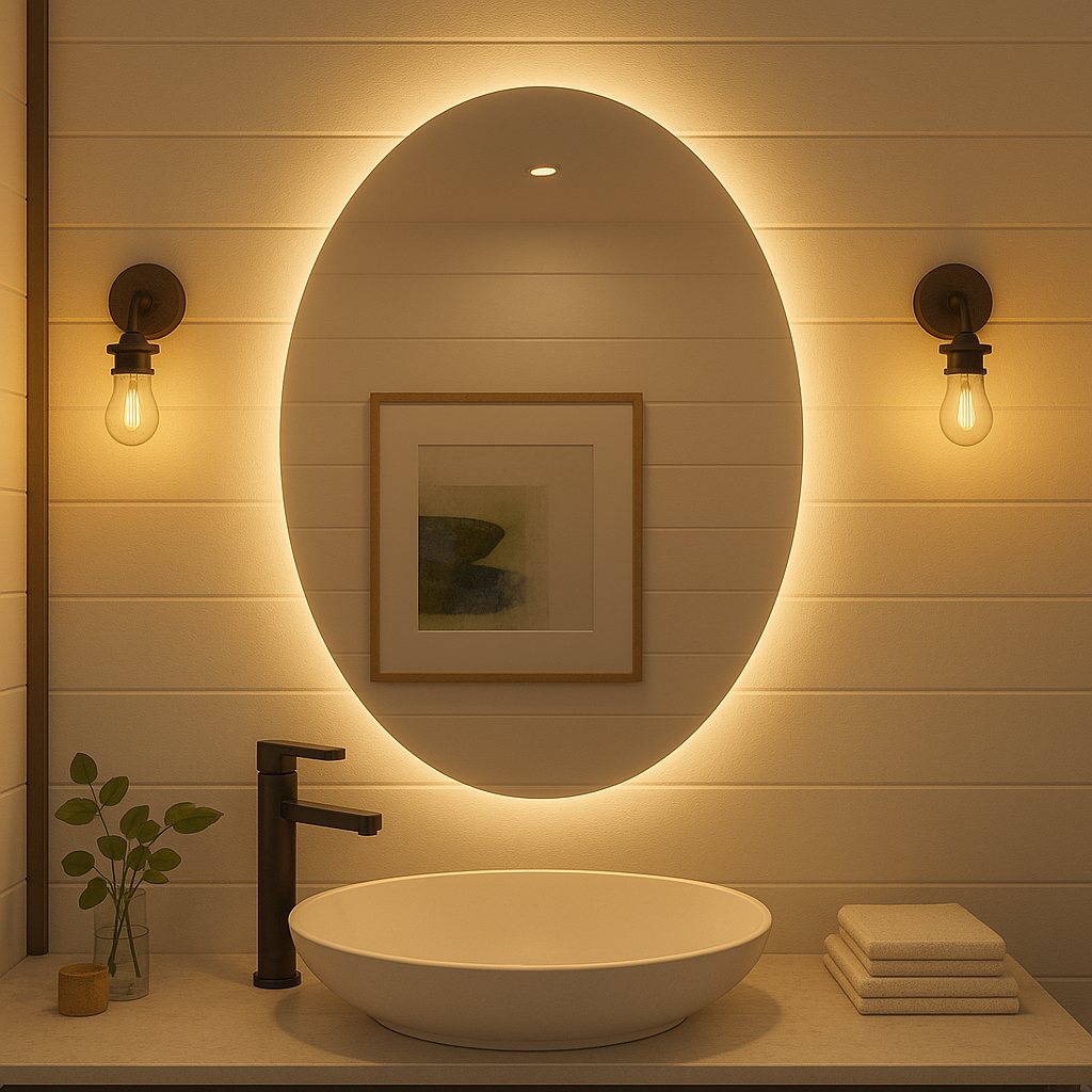 Miroir de salle de bain LED rétroéclairé ovale Ondelle – Anti-buée, intensité variable avec mémoire | 24″×32″, 30″×36″