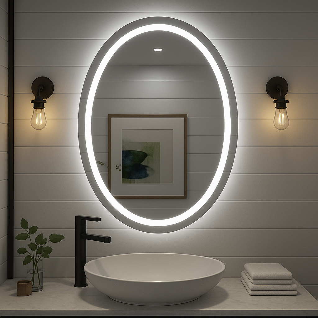 Ondelle Oval LED Bathroom Mirror — Front-Lit Ring + Backlit Halo, Anti-Fog | 24″×32″, 30″×36″