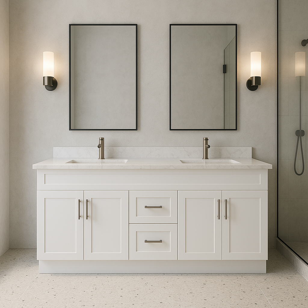 Meuble-lavabo double 60 po style shaker — blanc ou gris | Armoire en contreplaqué, portes en bois massif, charnières à clipser 3 réglages à fermeture douce | Tiroirs centraux