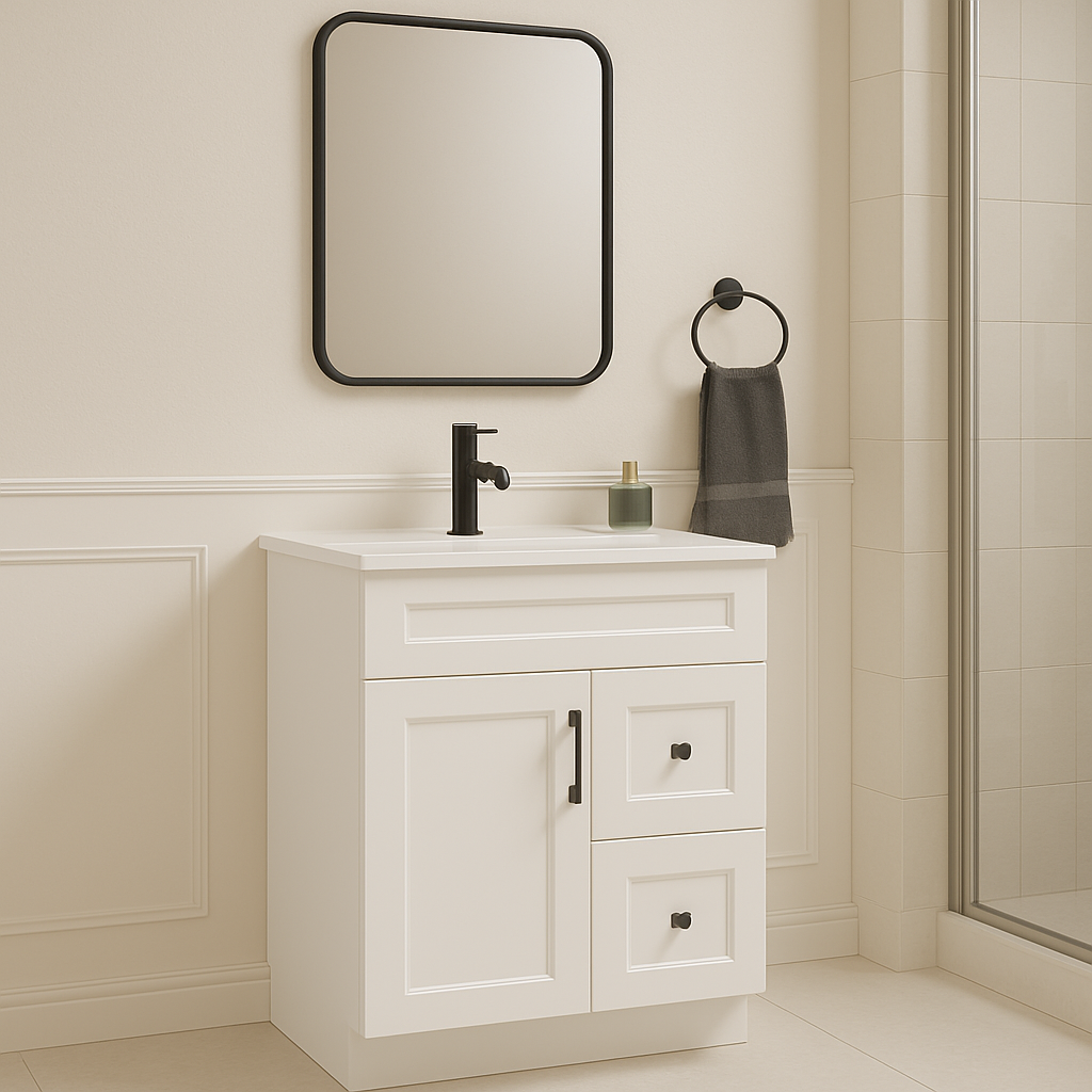 Meuble-lavabo de salle de bain 30 pouces de style Shaker avec tiroirs — Gauche ou droite | Blanc ou gris | Armoire en contreplaqué, porte en bois massif, charnières à fermeture douce à clipser 3 voies