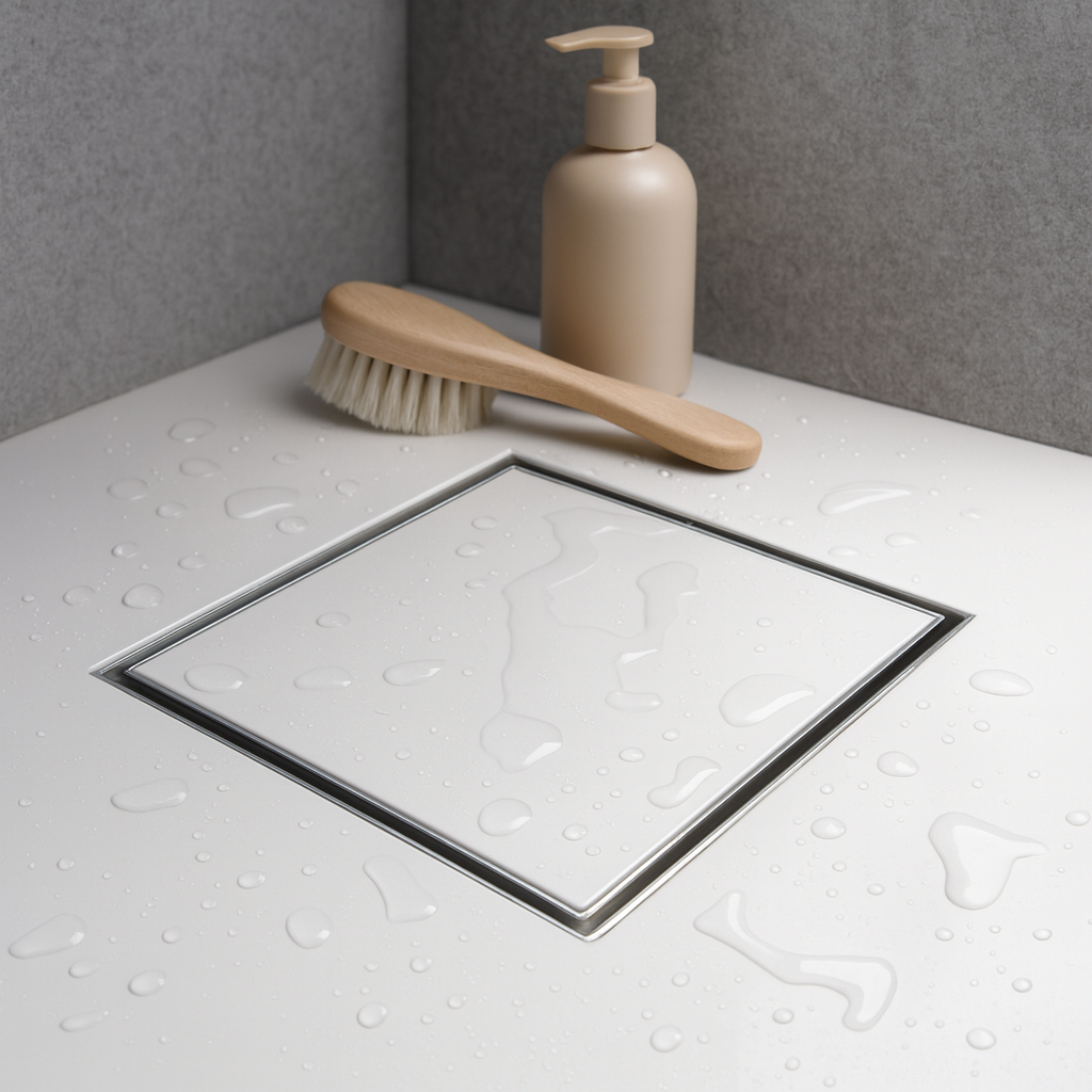 Siphon de douche carré Cascena 6″ × 6″, acier inoxydable 304 — Insertion de carrelage ou grille de recouvrement