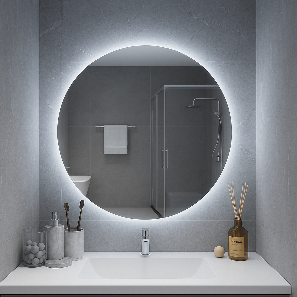 Miroir de salle de bain LED rond rétroéclairé Ondelle — Halo dimmable 3 CCT, câblé | 24″, 28″, 32″