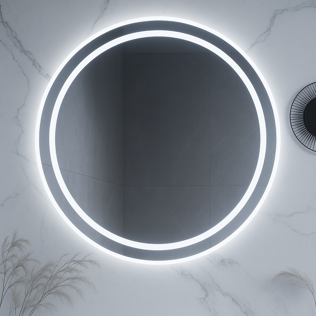 Miroir de salle de bain LED rond Ondelle — Anneau éclairé par l'avant + Halo rétroéclairé, anti-buée, intensité variable | 24″, 28″, 32″