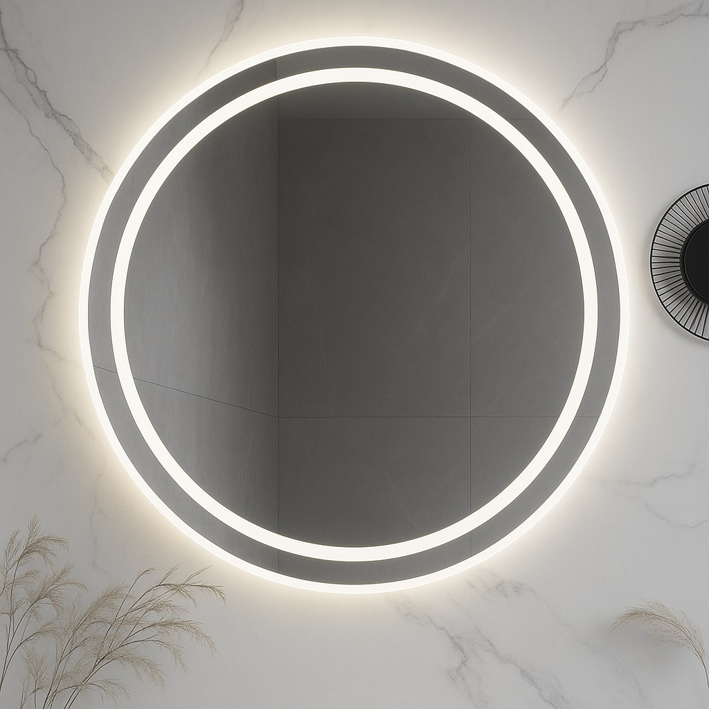 Miroir de salle de bain LED rond Ondelle — Anneau éclairé par l'avant + Halo rétroéclairé, anti-buée, intensité variable | 24″, 28″, 32″