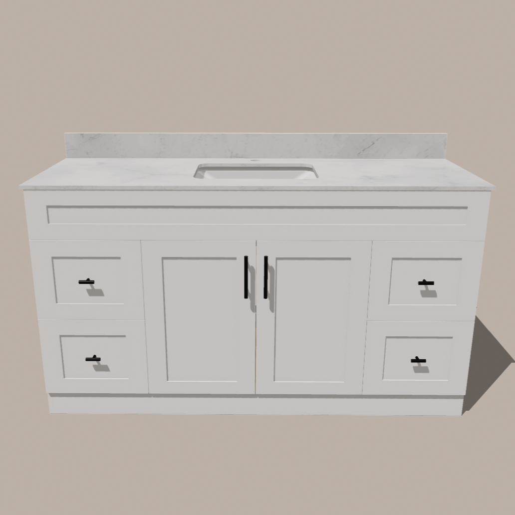 Meuble-lavabo simple 60 po de style Shaker — Blanc ou gris | Armoire en contreplaqué, Portes en bois massif, Charnières à clipser 3 voies à fermeture douce | 4 tiroirs, Portes doubles centrales
