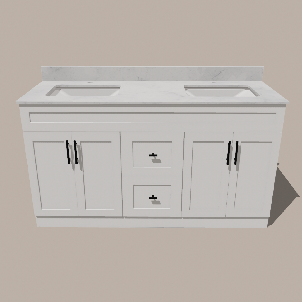Meuble-lavabo double 60 po style shaker — blanc ou gris | Armoire en contreplaqué, portes en bois massif, charnières à clipser 3 réglages à fermeture douce | Tiroirs centraux