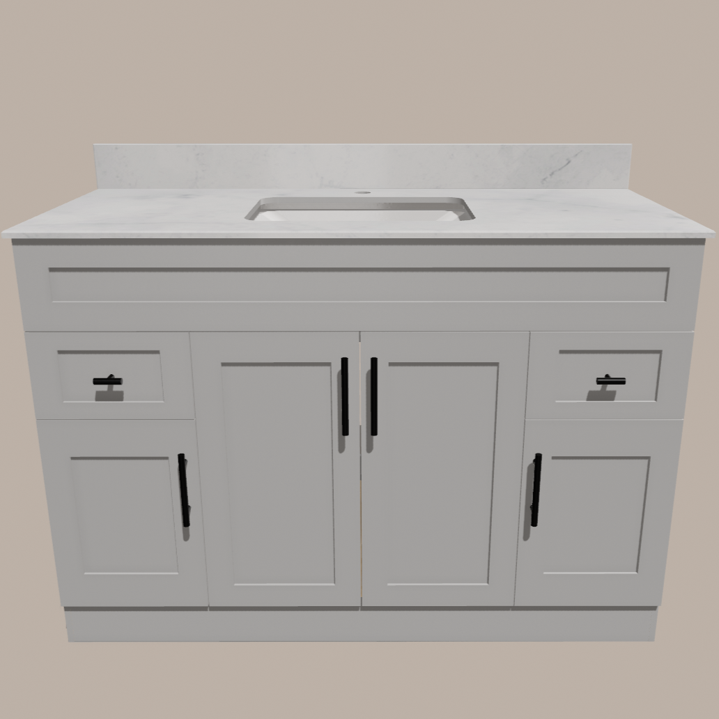 Meuble-lavabo de salle de bain Shaker 48 po — Blanc ou gris | Armoire en contreplaqué, portes en bois massif, charnières à clipser 3 voies à fermeture amortie