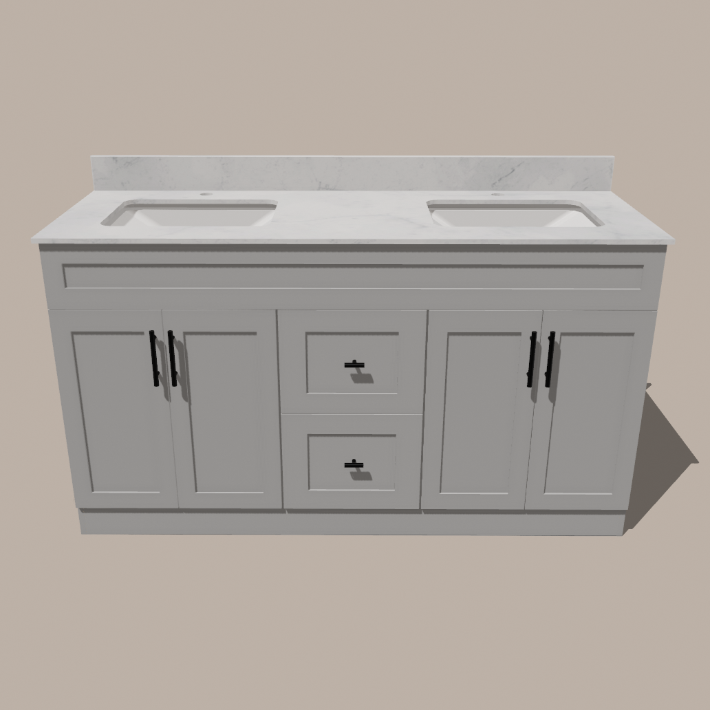 Meuble-lavabo double 60 po style shaker — blanc ou gris | Armoire en contreplaqué, portes en bois massif, charnières à clipser 3 réglages à fermeture douce | Tiroirs centraux
