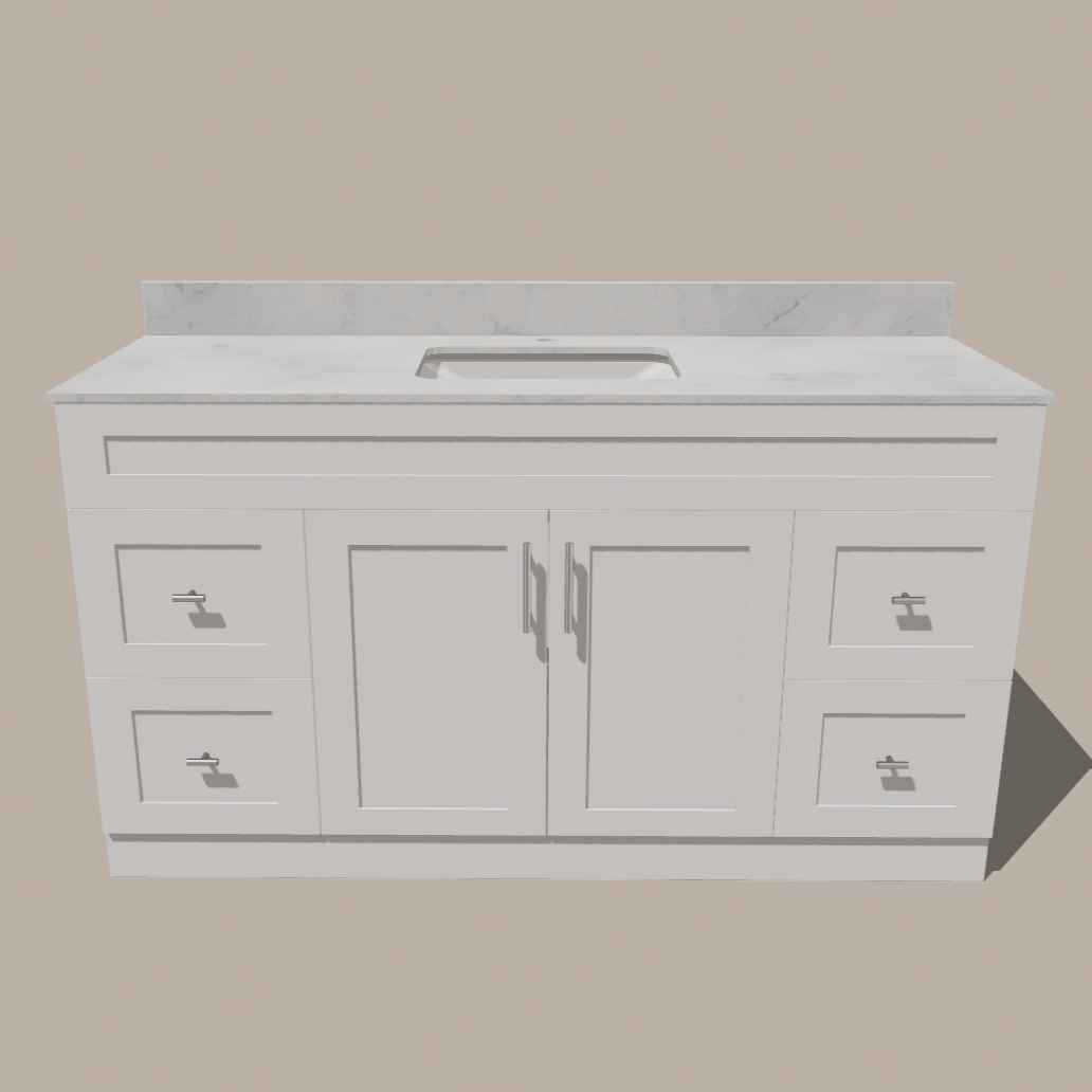 Meuble-lavabo simple 60 po de style Shaker — Blanc ou gris | Armoire en contreplaqué, Portes en bois massif, Charnières à clipser 3 voies à fermeture douce | 4 tiroirs, Portes doubles centrales