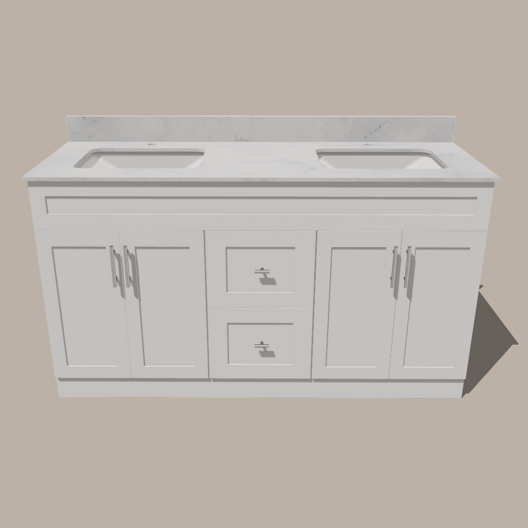 Meuble-lavabo double 60 po style shaker — blanc ou gris | Armoire en contreplaqué, portes en bois massif, charnières à clipser 3 réglages à fermeture douce | Tiroirs centraux