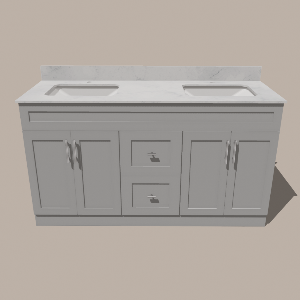 Meuble-lavabo double 60 po style shaker — blanc ou gris | Armoire en contreplaqué, portes en bois massif, charnières à clipser 3 réglages à fermeture douce | Tiroirs centraux