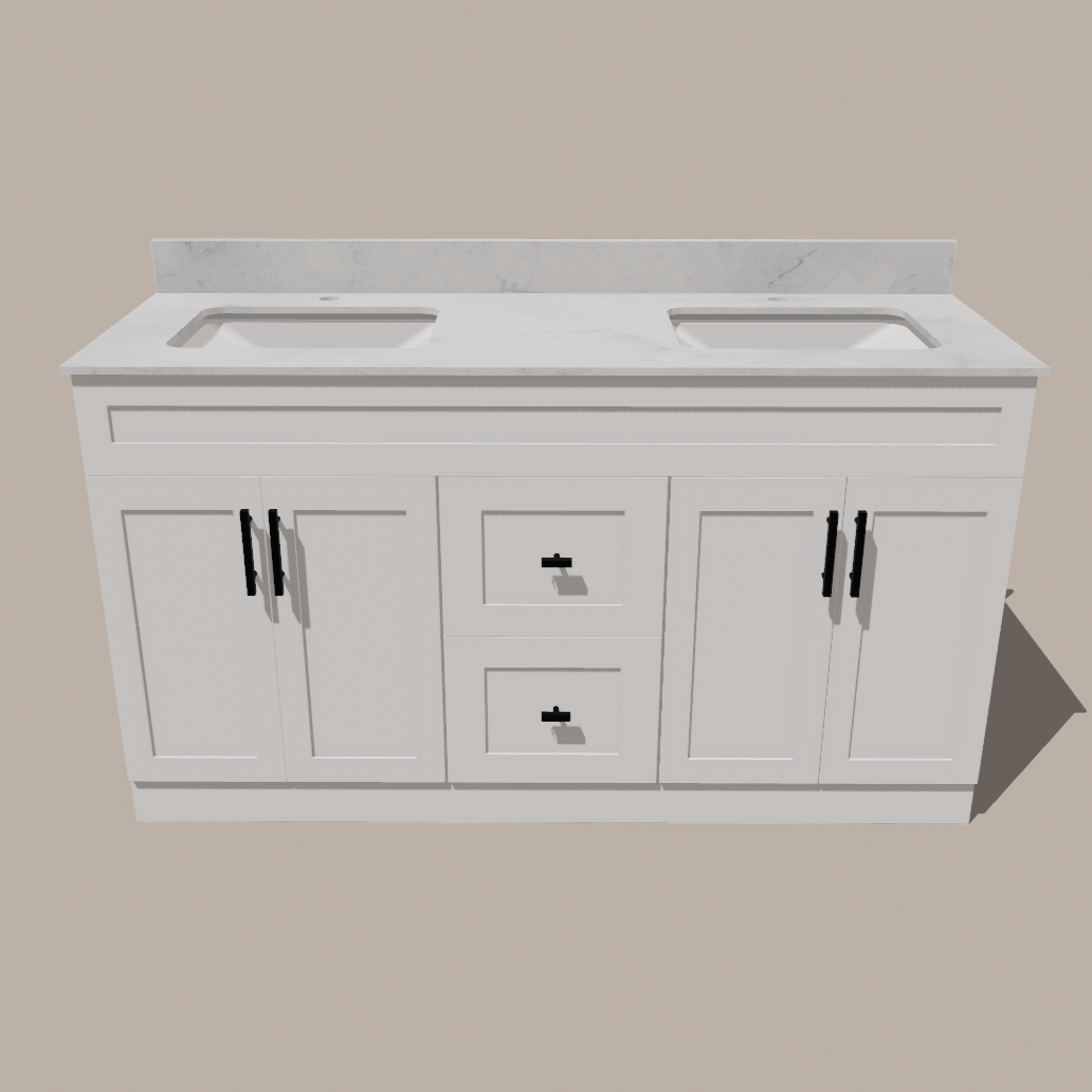 Meuble-lavabo double 60 po style shaker — blanc ou gris | Armoire en contreplaqué, portes en bois massif, charnières à clipser 3 réglages à fermeture douce | Tiroirs centraux