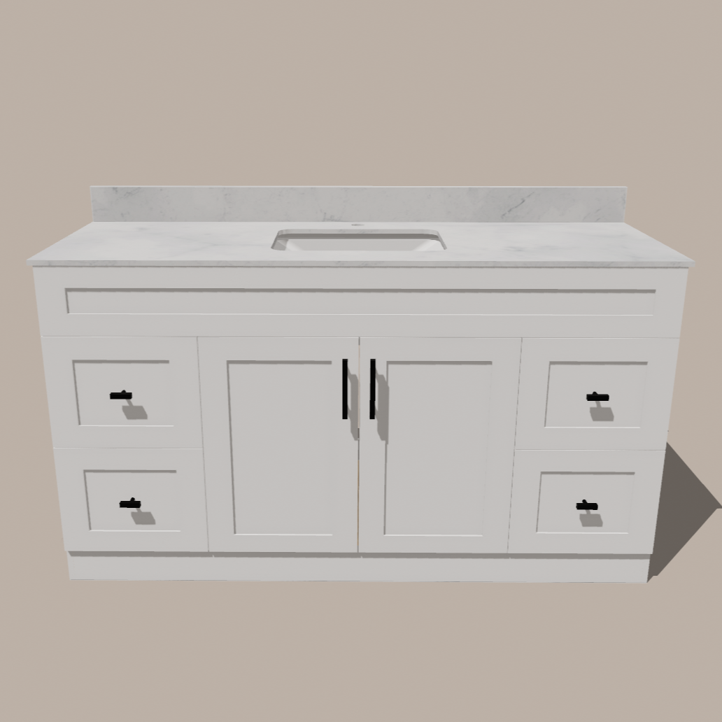 Meuble-lavabo simple 72 pouces de style shaker — Blanc ou gris | Armoire en contreplaqué, portes en bois massif, charnières à clipser à fermeture douce à 3 réglages | 4 tiroirs, portes doubles centrales