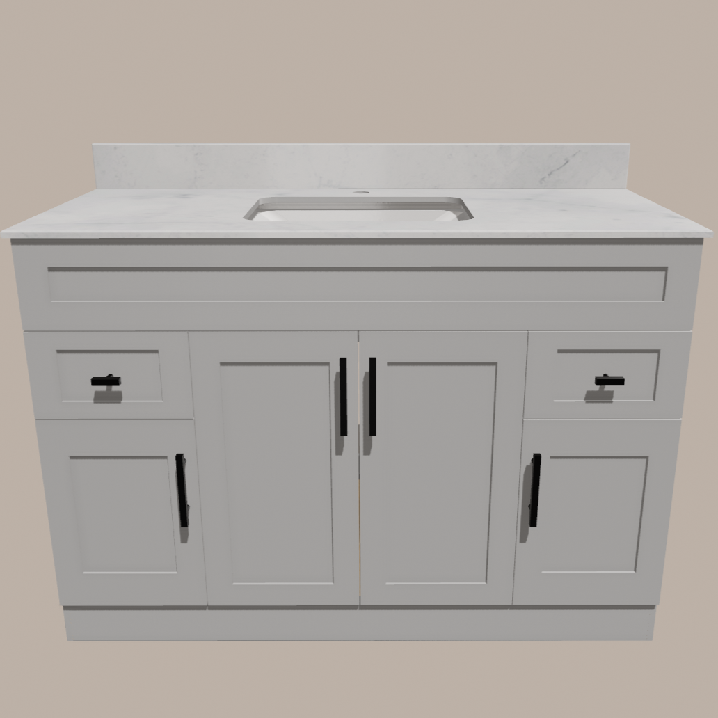 Meuble-lavabo de salle de bain Shaker 48 po — Blanc ou gris | Armoire en contreplaqué, portes en bois massif, charnières à clipser 3 voies à fermeture amortie