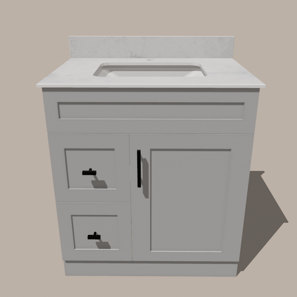 Meuble-lavabo de salle de bain 30 pouces de style Shaker avec tiroirs — Gauche ou droite | Blanc ou gris | Armoire en contreplaqué, porte en bois massif, charnières à fermeture douce à clipser 3 voies