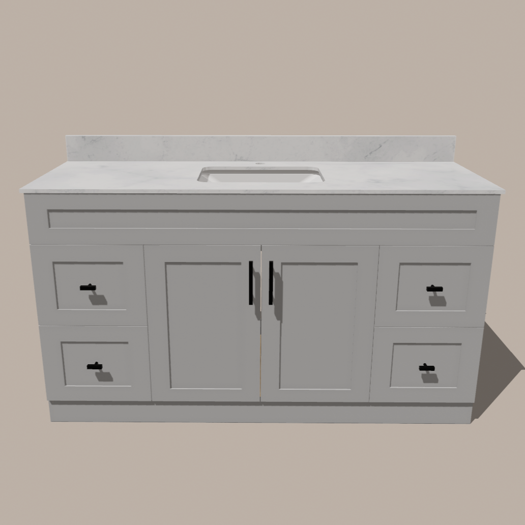 Meuble-lavabo simple 60 po de style Shaker — Blanc ou gris | Armoire en contreplaqué, Portes en bois massif, Charnières à clipser 3 voies à fermeture douce | 4 tiroirs, Portes doubles centrales