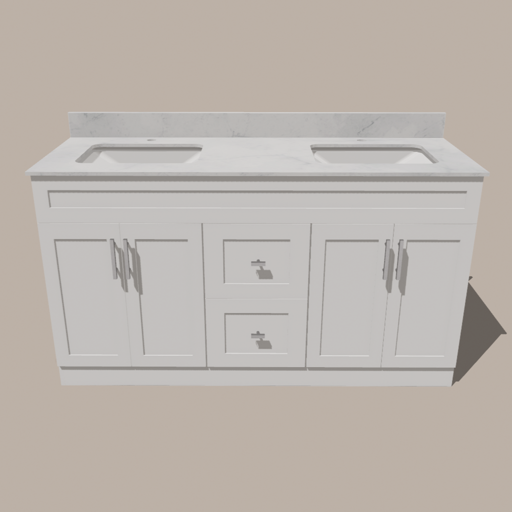 Meuble-lavabo double 60 po style shaker — blanc ou gris | Armoire en contreplaqué, portes en bois massif, charnières à clipser 3 réglages à fermeture douce | Tiroirs centraux