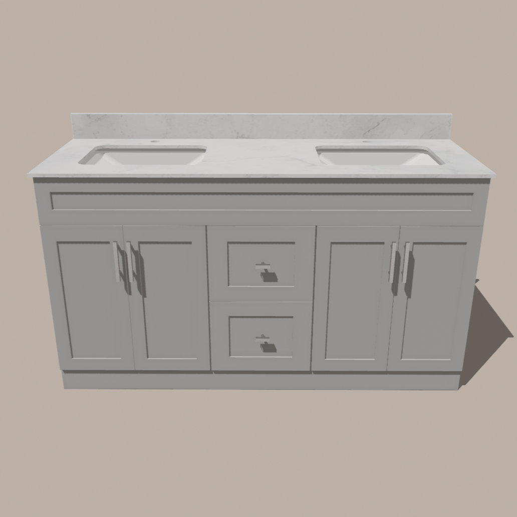 Meuble-lavabo double 60 po style shaker — blanc ou gris | Armoire en contreplaqué, portes en bois massif, charnières à clipser 3 réglages à fermeture douce | Tiroirs centraux
