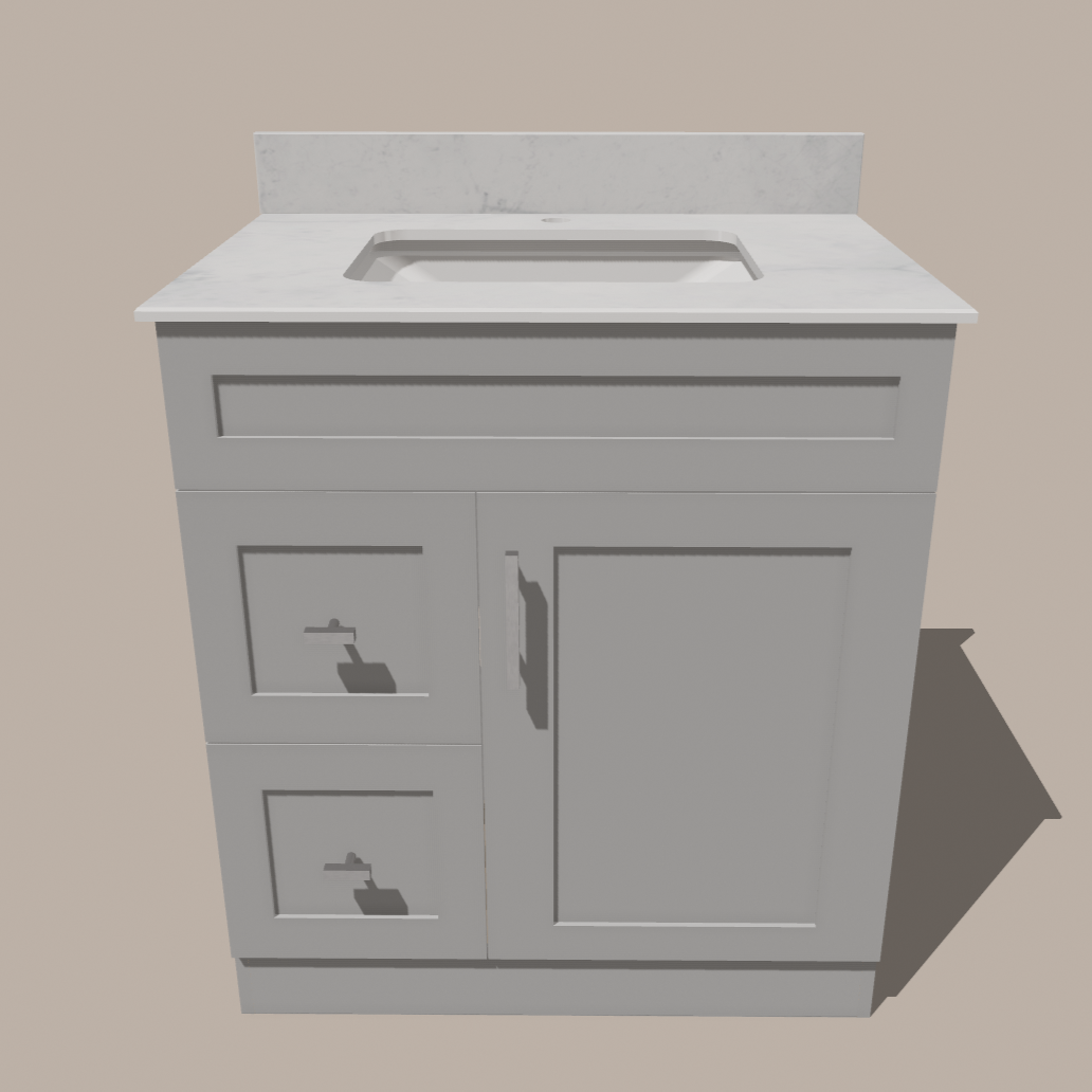 Meuble-lavabo de salle de bain 30 pouces de style Shaker avec tiroirs — Gauche ou droite | Blanc ou gris | Armoire en contreplaqué, porte en bois massif, charnières à fermeture douce à clipser 3 voies