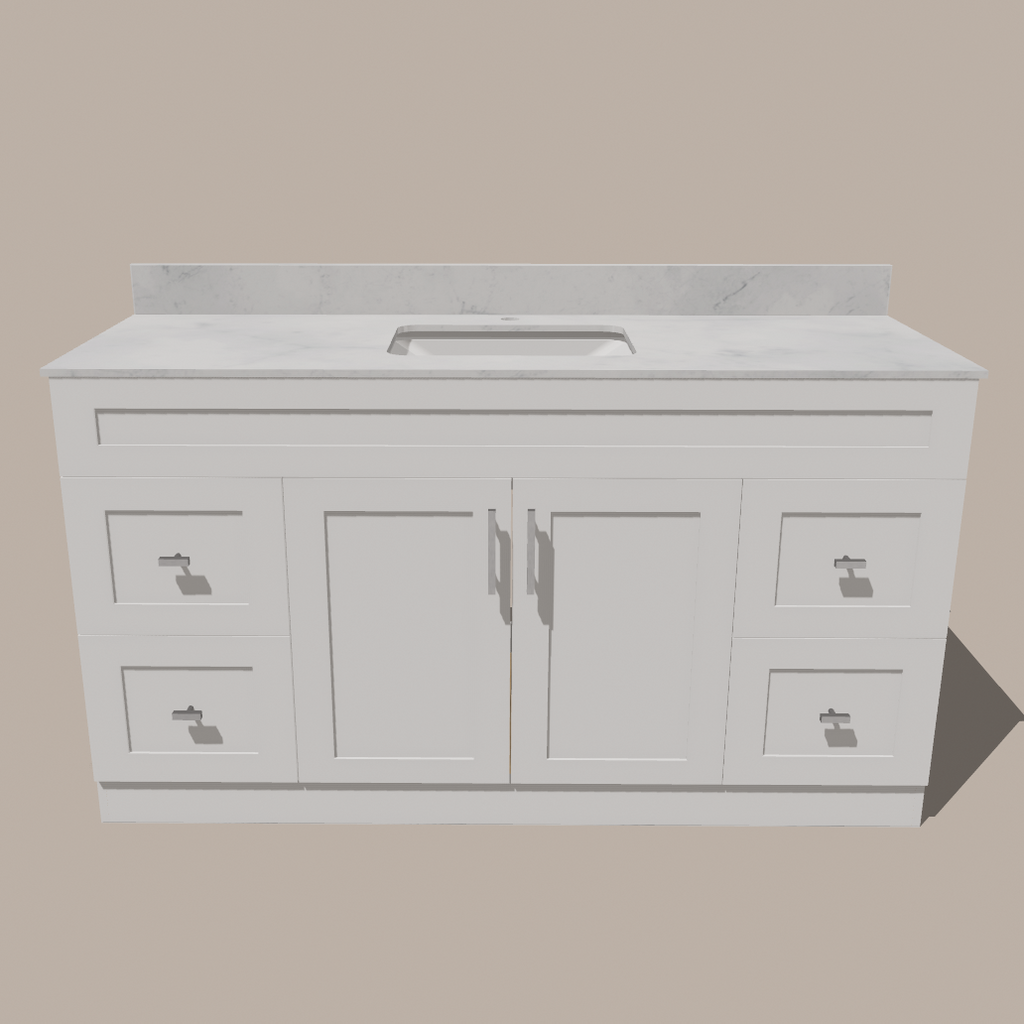 Meuble-lavabo simple 60 po de style Shaker — Blanc ou gris | Armoire en contreplaqué, Portes en bois massif, Charnières à clipser 3 voies à fermeture douce | 4 tiroirs, Portes doubles centrales