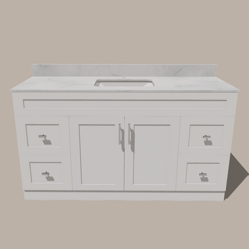 Meuble-lavabo simple 60 po de style Shaker — Blanc ou gris | Armoire en contreplaqué, Portes en bois massif, Charnières à clipser 3 voies à fermeture douce | 4 tiroirs, Portes doubles centrales