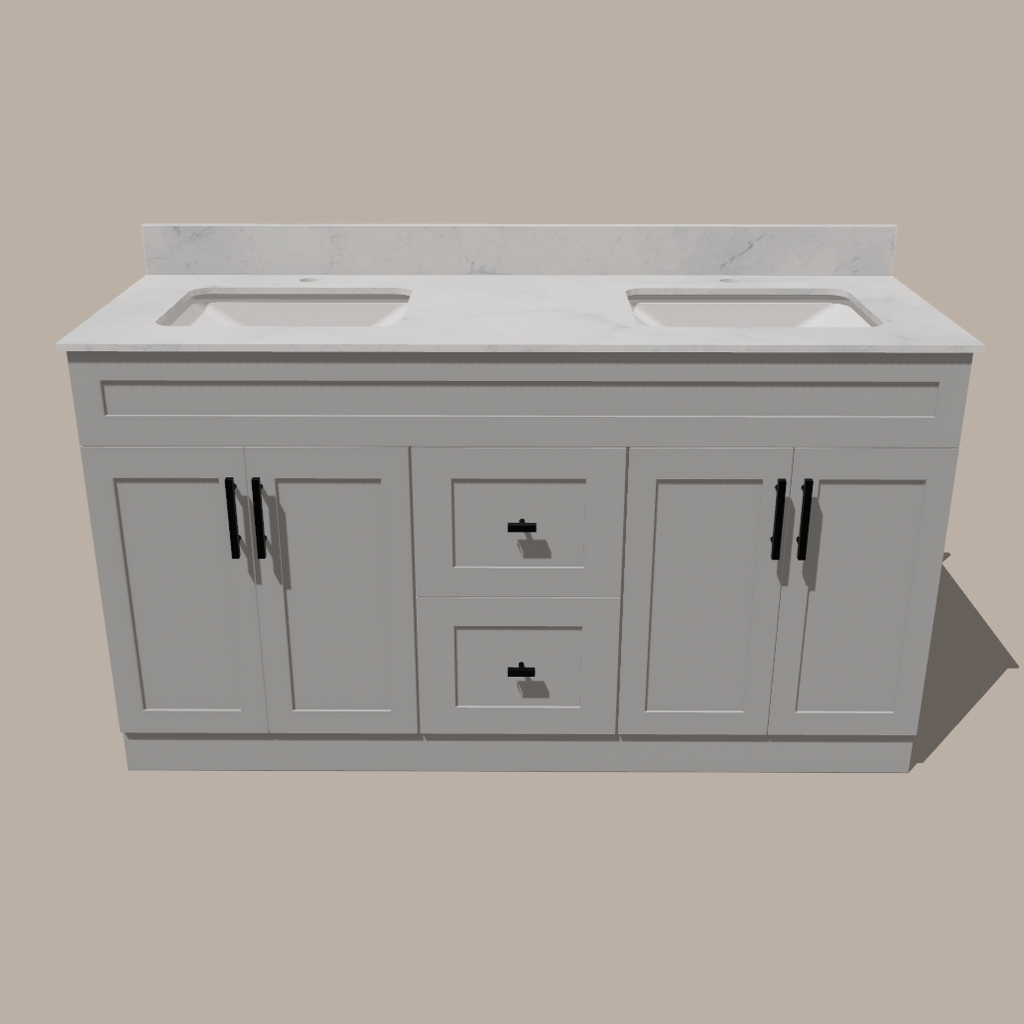 Meuble-lavabo double 60 po style shaker — blanc ou gris | Armoire en contreplaqué, portes en bois massif, charnières à clipser 3 réglages à fermeture douce | Tiroirs centraux