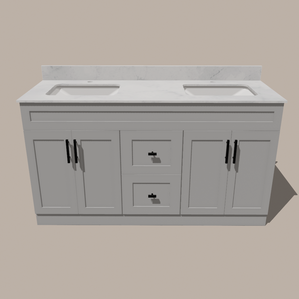 Meuble-lavabo double 60 po style shaker — blanc ou gris | Armoire en contreplaqué, portes en bois massif, charnières à clipser 3 réglages à fermeture douce | Tiroirs centraux