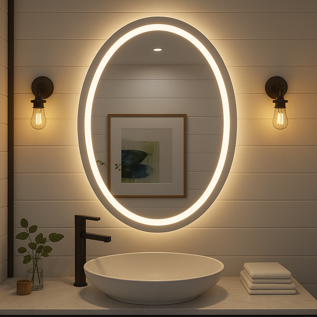 Miroir de salle de bain LED ovale Ondelle — Anneau lumineux frontal + Halo rétroéclairé, anti-buée | 24″×32″, 30″×36″