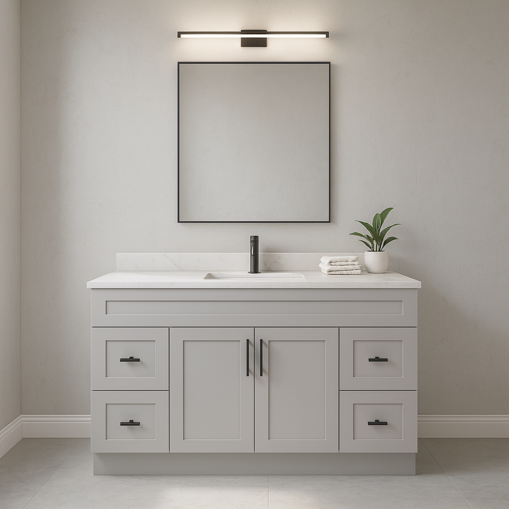 Meuble-lavabo simple 60 po de style Shaker — Blanc ou gris | Armoire en contreplaqué, Portes en bois massif, Charnières à clipser 3 voies à fermeture douce | 4 tiroirs, Portes doubles centrales