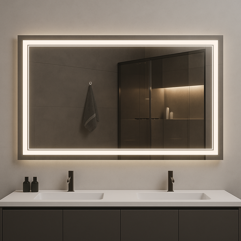 Miroir de salle de bain rectangulaire LED Ondelle — Périmètre avant dépoli + Halo rétroéclairé, Anti-buée | 4 Tailles