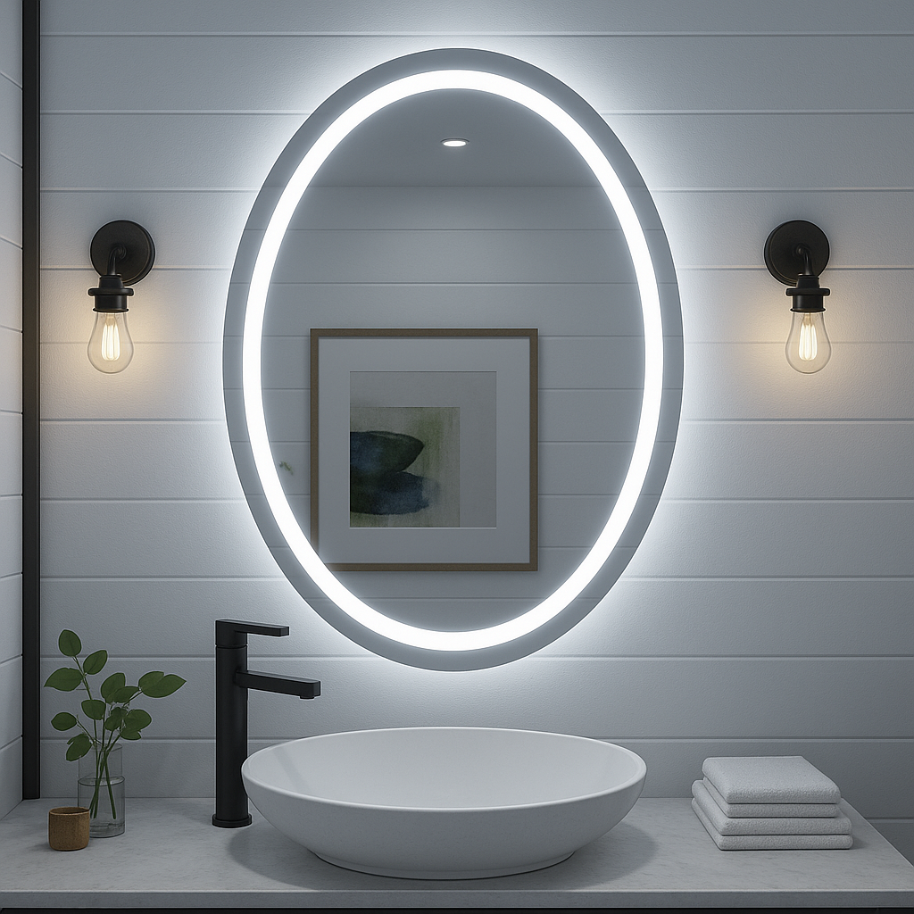 Miroir de salle de bain LED ovale Ondelle — Anneau lumineux frontal + Halo rétroéclairé, anti-buée | 24″×32″, 30″×36″