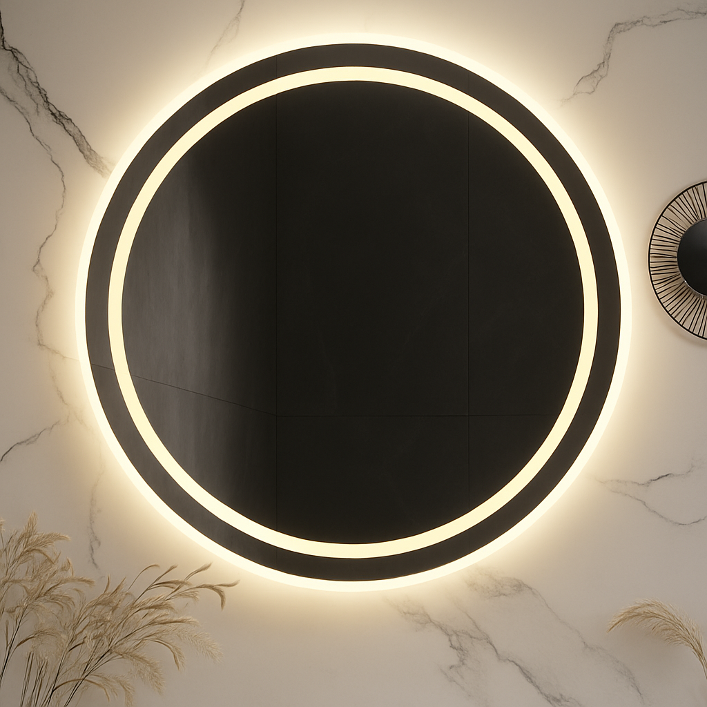 Miroir de salle de bain LED rond Ondelle — Anneau éclairé par l'avant + Halo rétroéclairé, anti-buée, intensité variable | 24″, 28″, 32″
