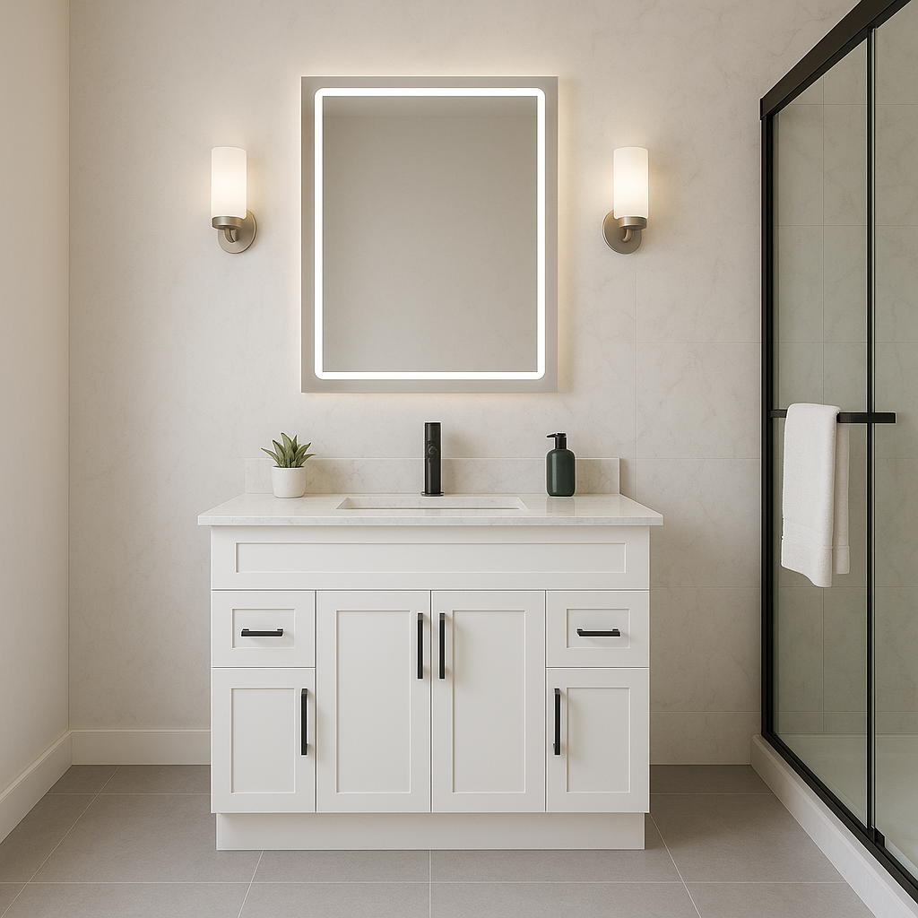 Meuble-lavabo de salle de bain Shaker 48 po — Blanc ou gris | Armoire en contreplaqué, portes en bois massif, charnières à clipser 3 voies à fermeture amortie