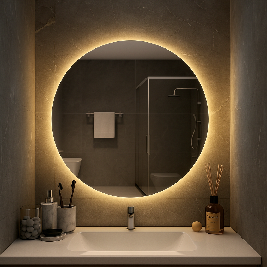 Miroir de salle de bain LED rond rétroéclairé Ondelle — Halo dimmable 3 CCT, câblé | 24″, 28″, 32″