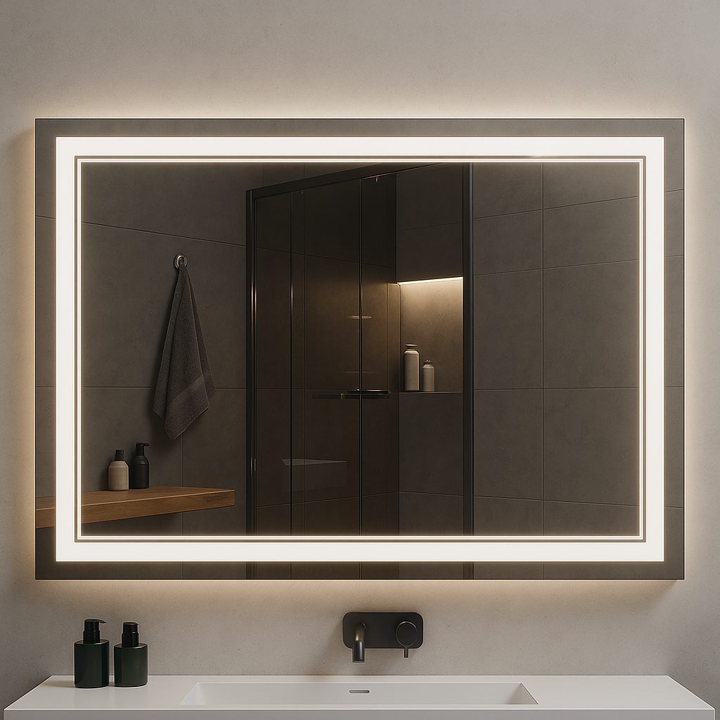 Miroir de salle de bain rectangulaire LED Ondelle — Périmètre avant dépoli + Halo rétroéclairé, Anti-buée | 4 Tailles