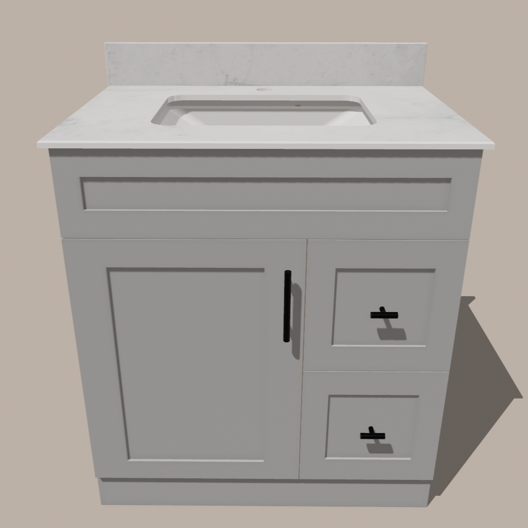 Meuble-lavabo de salle de bain 30 pouces de style Shaker avec tiroirs — Gauche ou droite | Blanc ou gris | Armoire en contreplaqué, porte en bois massif, charnières à fermeture douce à clipser 3 voies