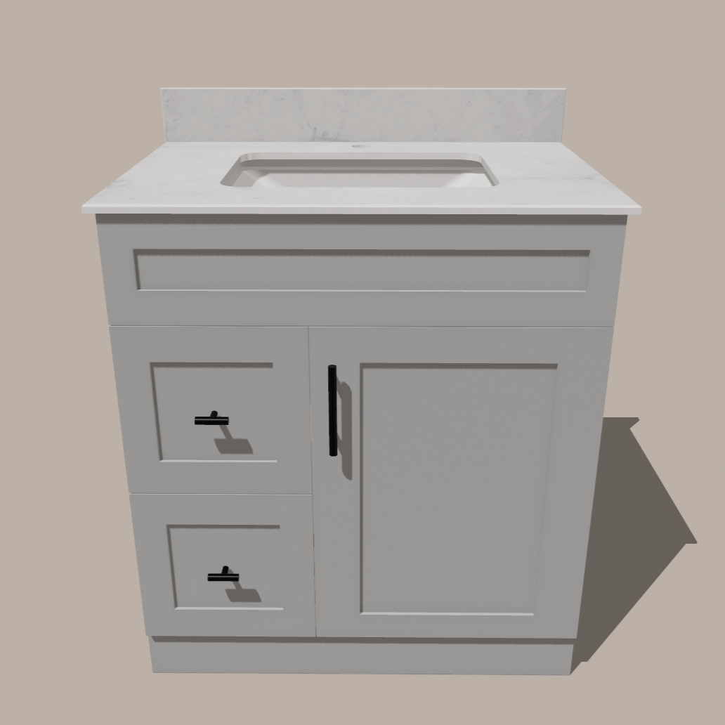 Meuble-lavabo de salle de bain 30 pouces de style Shaker avec tiroirs — Gauche ou droite | Blanc ou gris | Armoire en contreplaqué, porte en bois massif, charnières à fermeture douce à clipser 3 voies