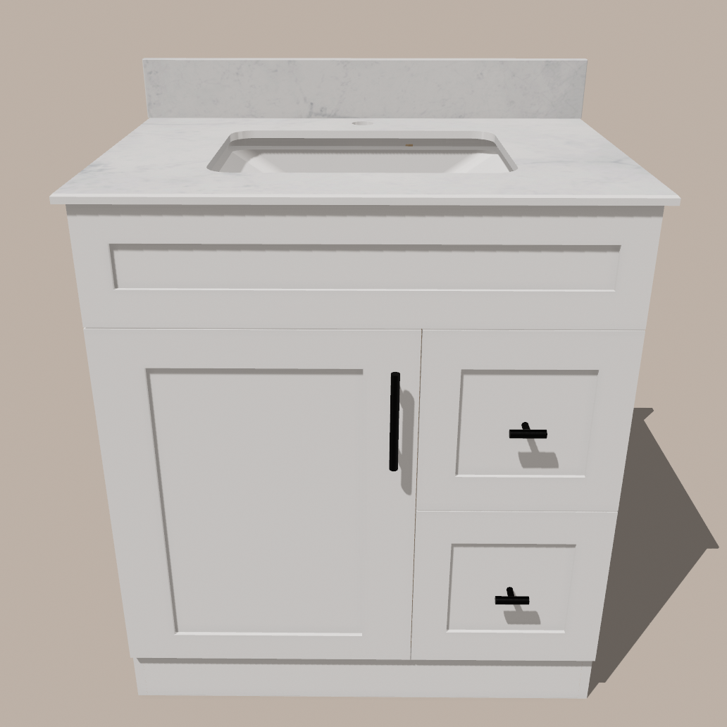 Meuble-lavabo de salle de bain 30 pouces de style Shaker avec tiroirs — Gauche ou droite | Blanc ou gris | Armoire en contreplaqué, porte en bois massif, charnières à fermeture douce à clipser 3 voies