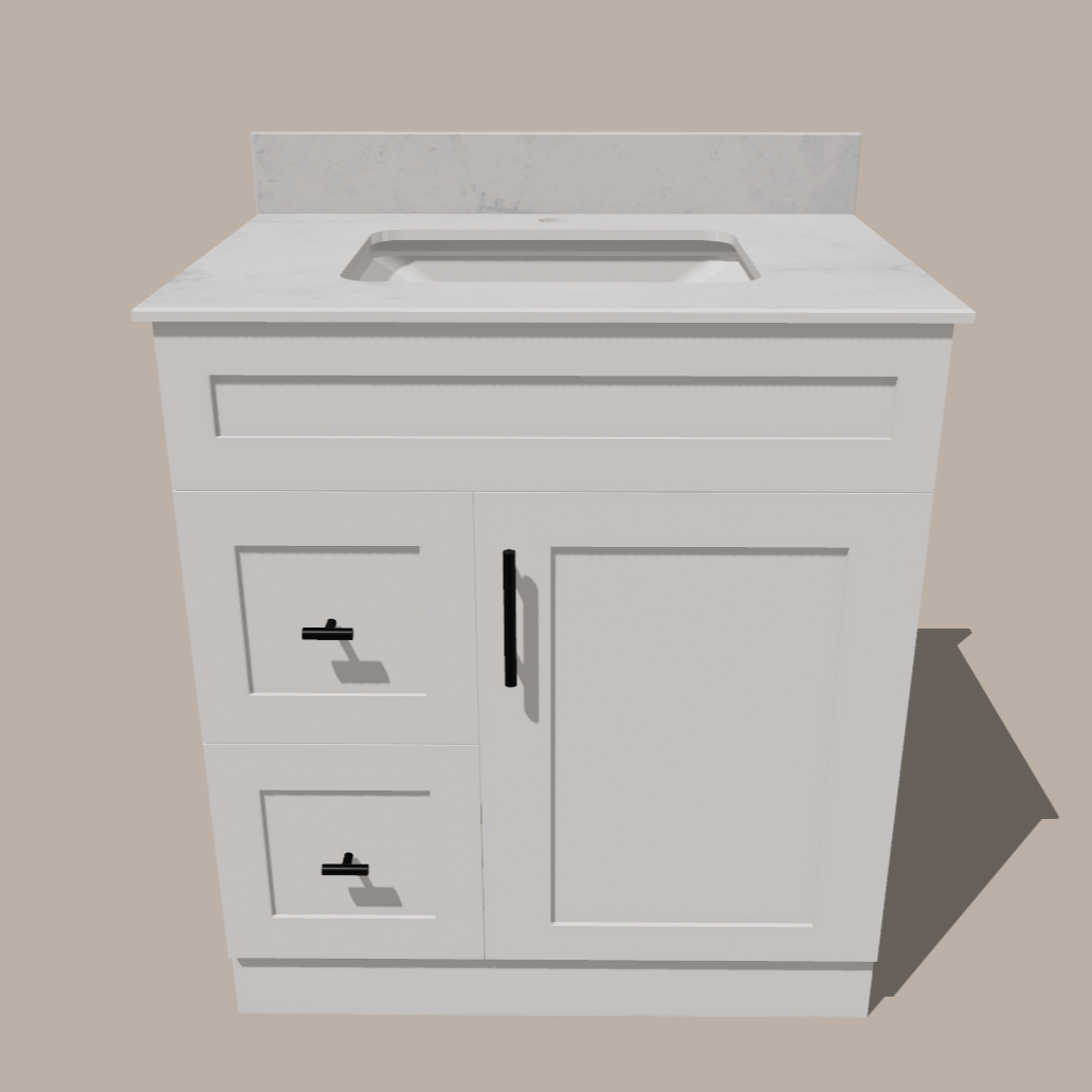 Meuble-lavabo de salle de bain 30 pouces de style Shaker avec tiroirs — Gauche ou droite | Blanc ou gris | Armoire en contreplaqué, porte en bois massif, charnières à fermeture douce à clipser 3 voies