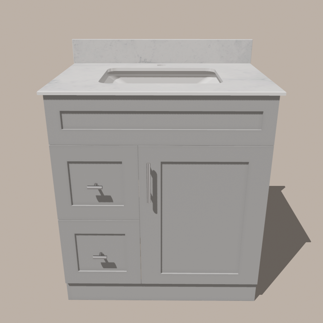 Meuble-lavabo de salle de bain 30 pouces de style Shaker avec tiroirs — Gauche ou droite | Blanc ou gris | Armoire en contreplaqué, porte en bois massif, charnières à fermeture douce à clipser 3 voies