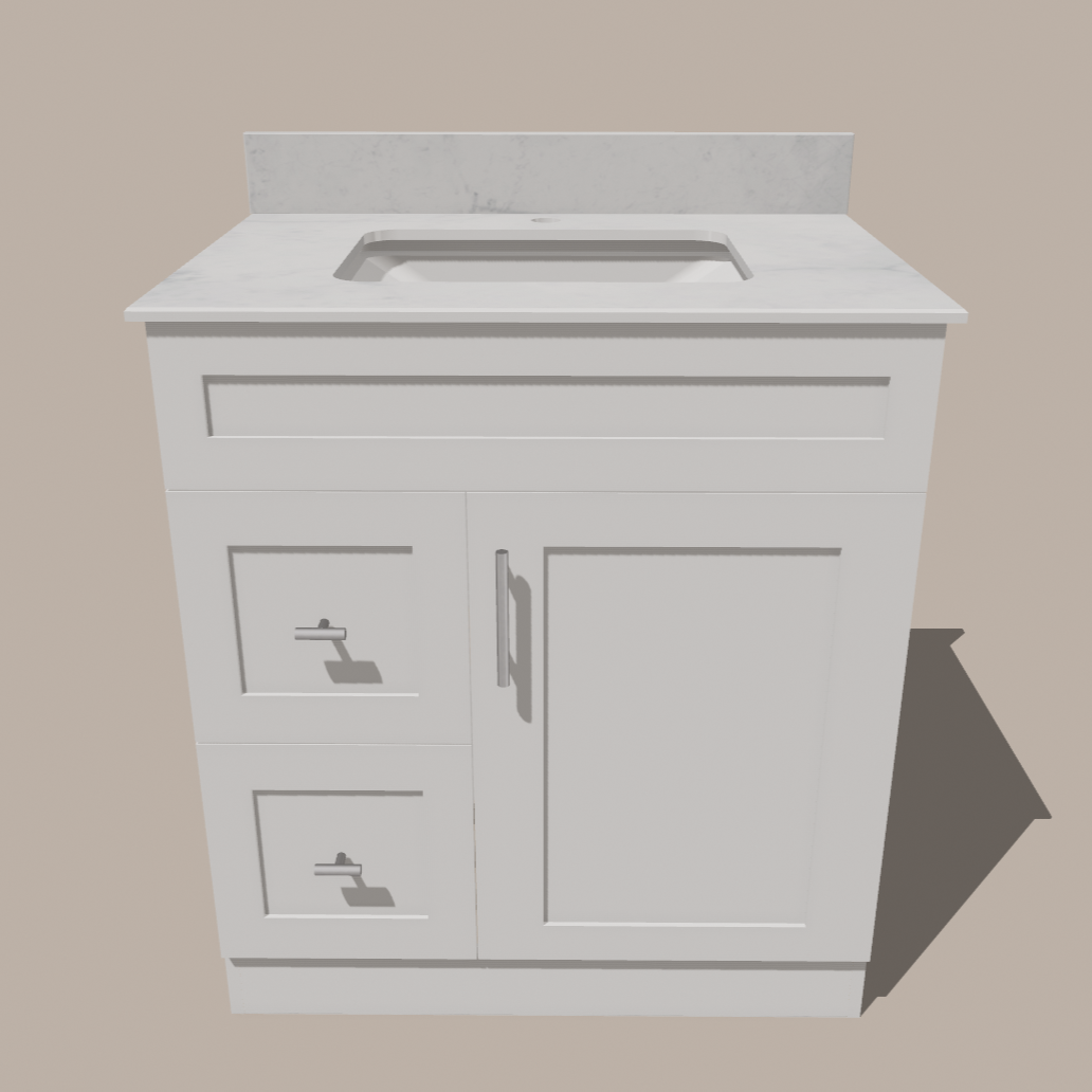Meuble-lavabo de salle de bain 30 pouces de style Shaker avec tiroirs — Gauche ou droite | Blanc ou gris | Armoire en contreplaqué, porte en bois massif, charnières à fermeture douce à clipser 3 voies