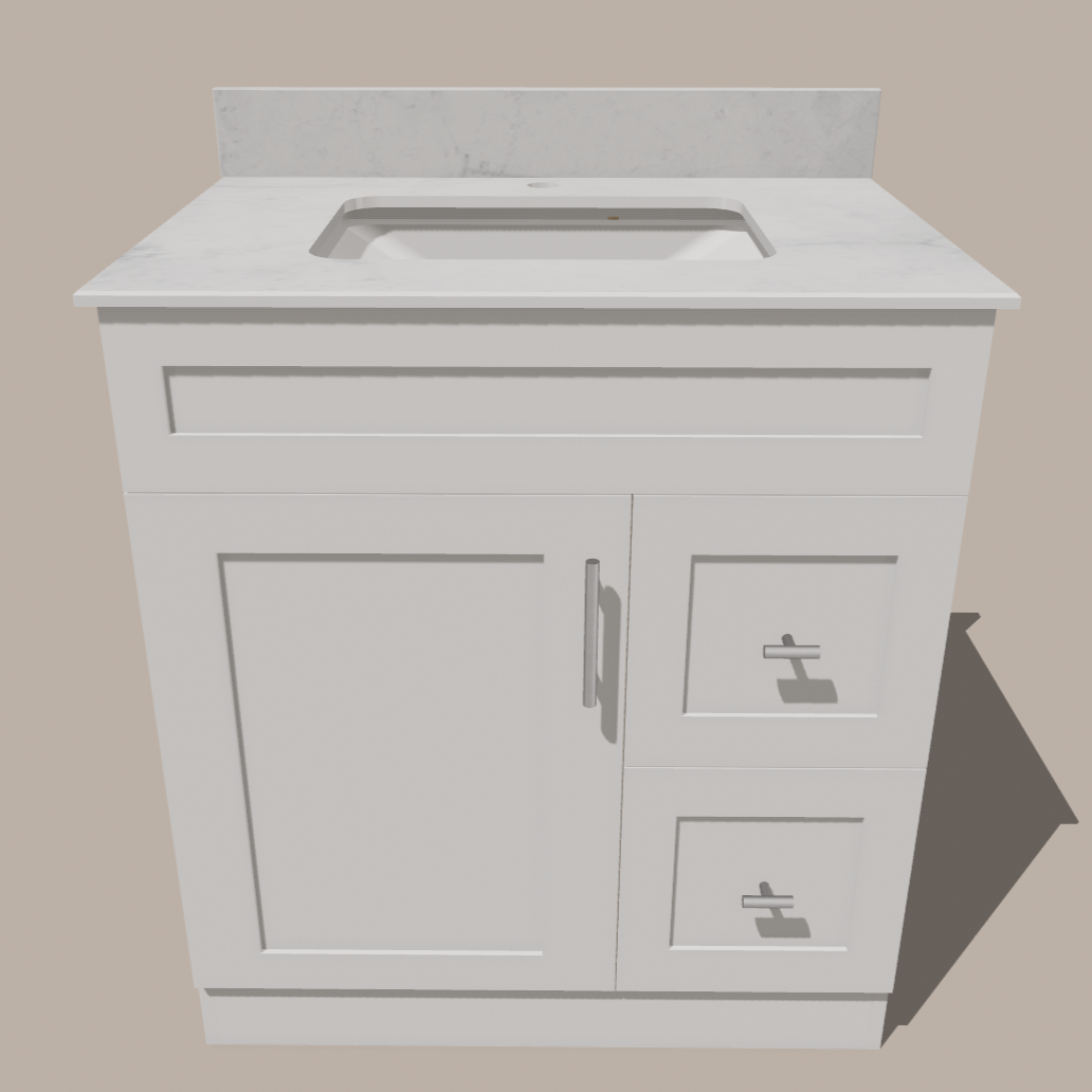 Meuble-lavabo de salle de bain 30 pouces de style Shaker avec tiroirs — Gauche ou droite | Blanc ou gris | Armoire en contreplaqué, porte en bois massif, charnières à fermeture douce à clipser 3 voies