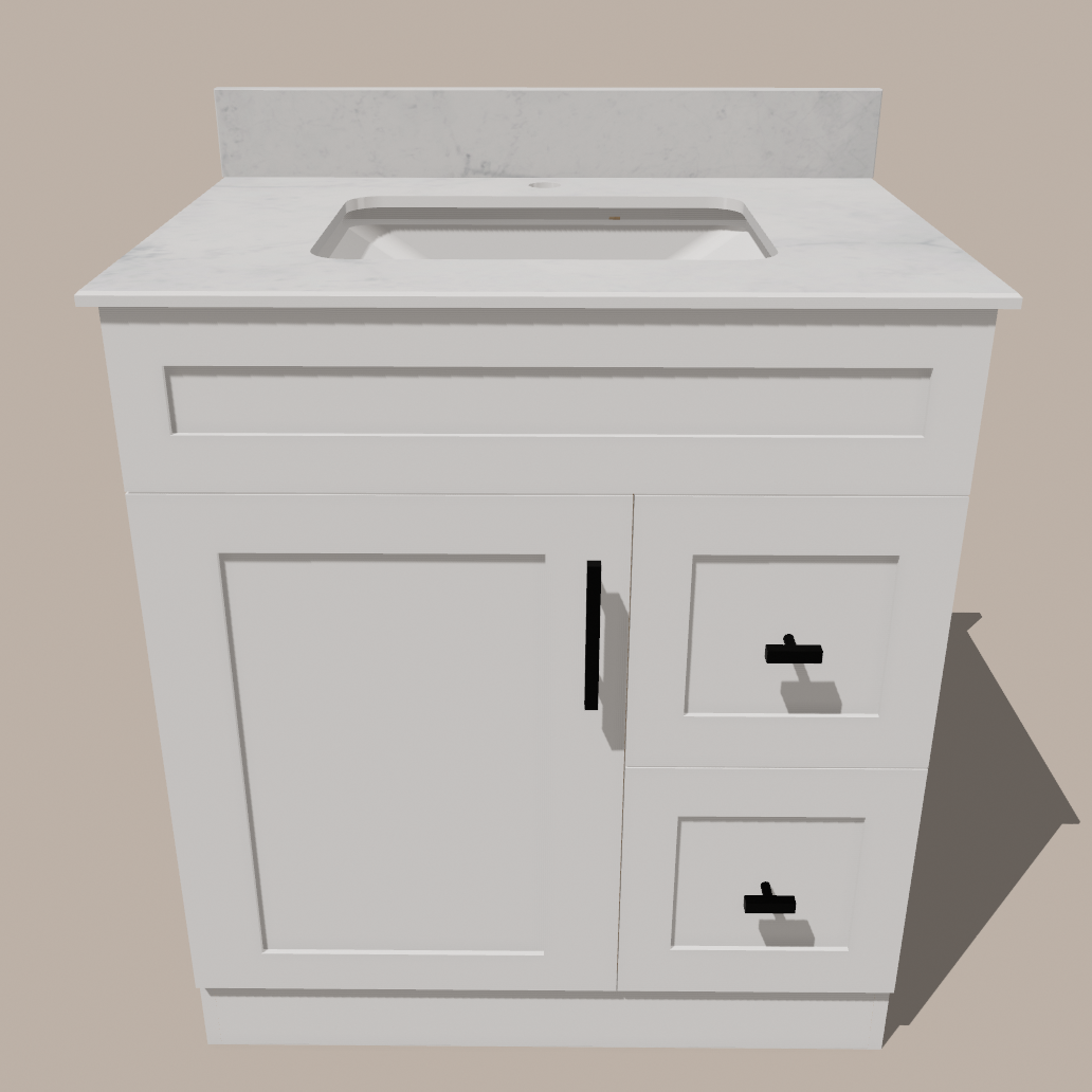Meuble-lavabo de salle de bain 30 pouces de style Shaker avec tiroirs — Gauche ou droite | Blanc ou gris | Armoire en contreplaqué, porte en bois massif, charnières à fermeture douce à clipser 3 voies