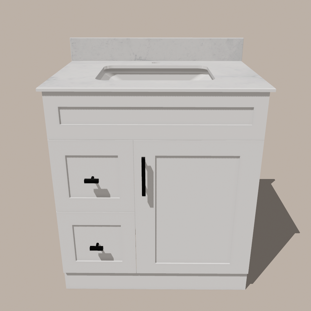 Meuble-lavabo de salle de bain 30 pouces de style Shaker avec tiroirs — Gauche ou droite | Blanc ou gris | Armoire en contreplaqué, porte en bois massif, charnières à fermeture douce à clipser 3 voies