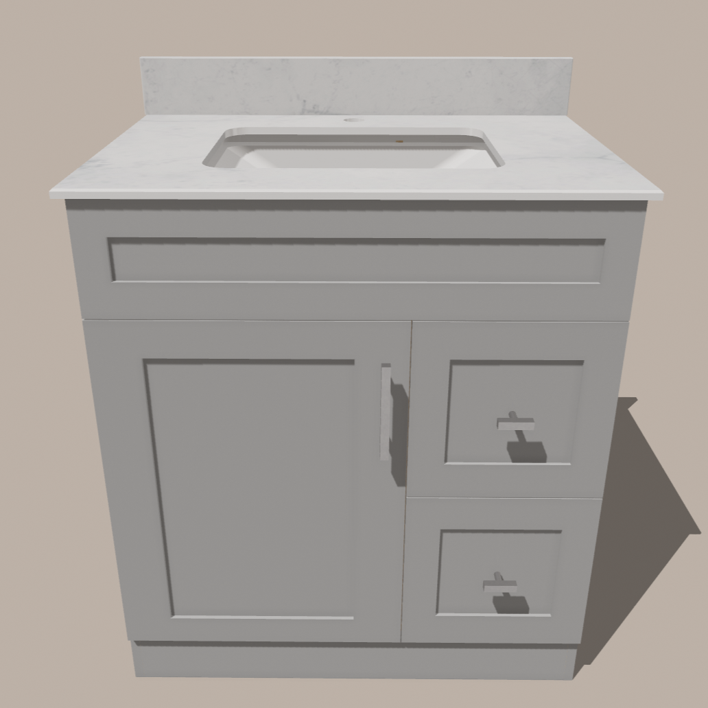 Meuble-lavabo de salle de bain 30 pouces de style Shaker avec tiroirs — Gauche ou droite | Blanc ou gris | Armoire en contreplaqué, porte en bois massif, charnières à fermeture douce à clipser 3 voies