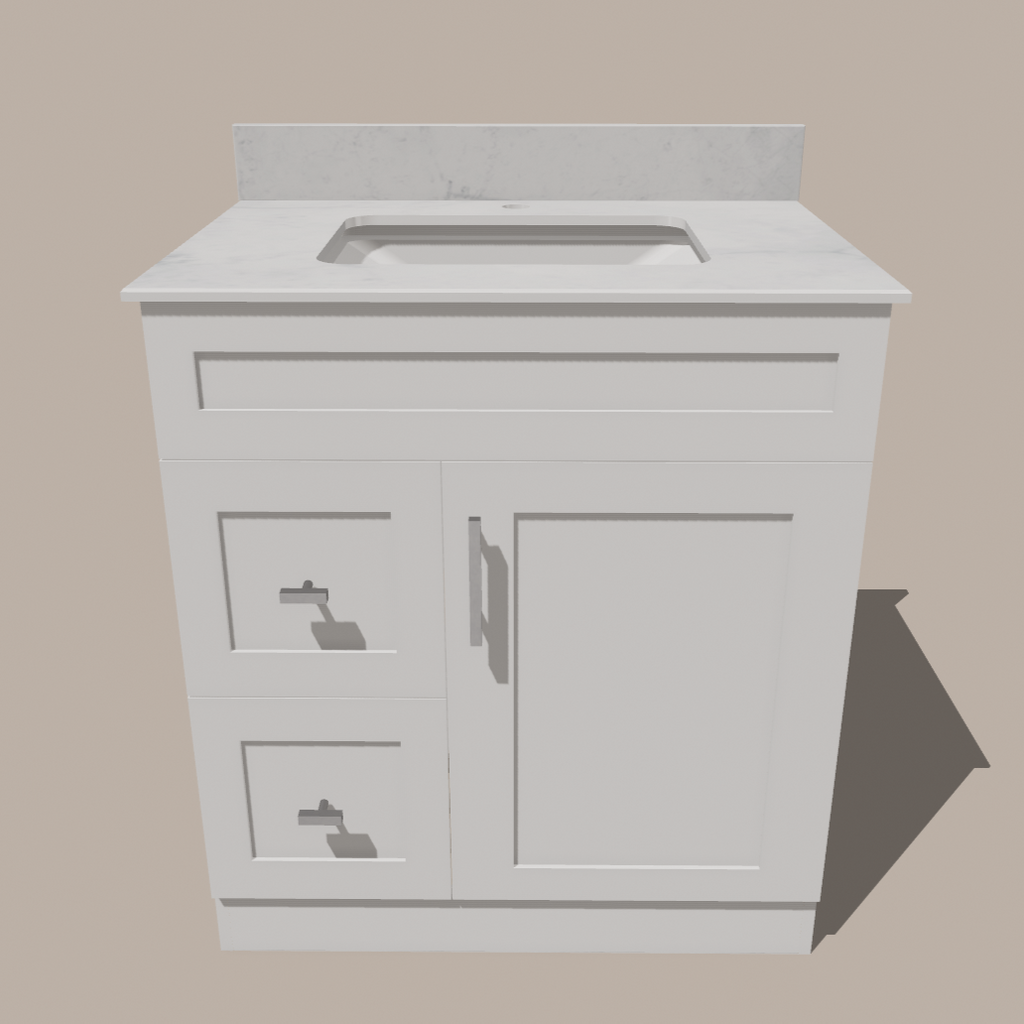 Meuble-lavabo de salle de bain 30 pouces de style Shaker avec tiroirs — Gauche ou droite | Blanc ou gris | Armoire en contreplaqué, porte en bois massif, charnières à fermeture douce à clipser 3 voies