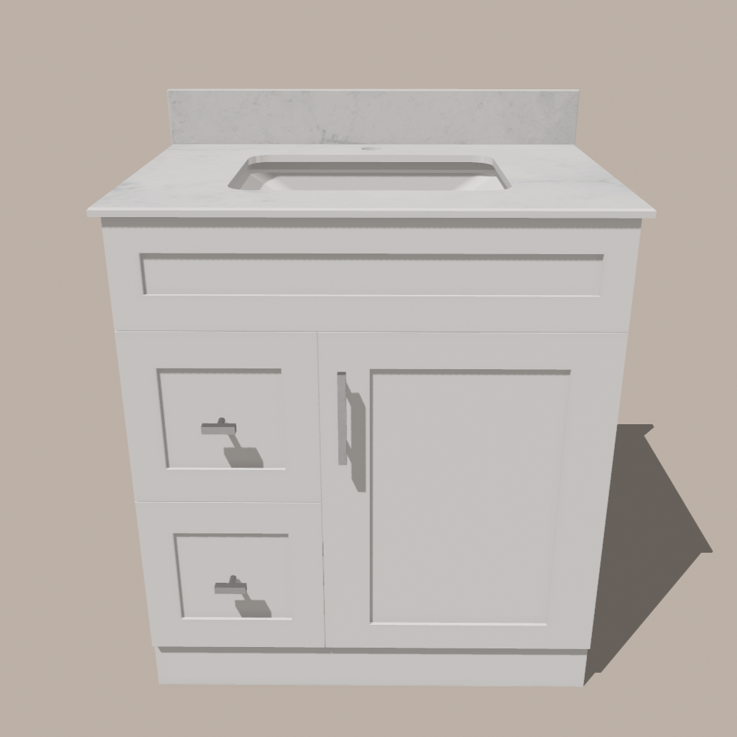 Meuble-lavabo de salle de bain 30 pouces de style Shaker avec tiroirs — Gauche ou droite | Blanc ou gris | Armoire en contreplaqué, porte en bois massif, charnières à fermeture douce à clipser 3 voies