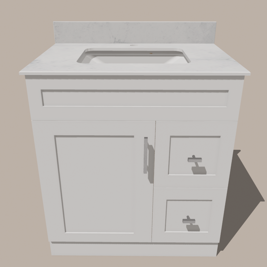 Meuble-lavabo de salle de bain 30 pouces de style Shaker avec tiroirs — Gauche ou droite | Blanc ou gris | Armoire en contreplaqué, porte en bois massif, charnières à fermeture douce à clipser 3 voies